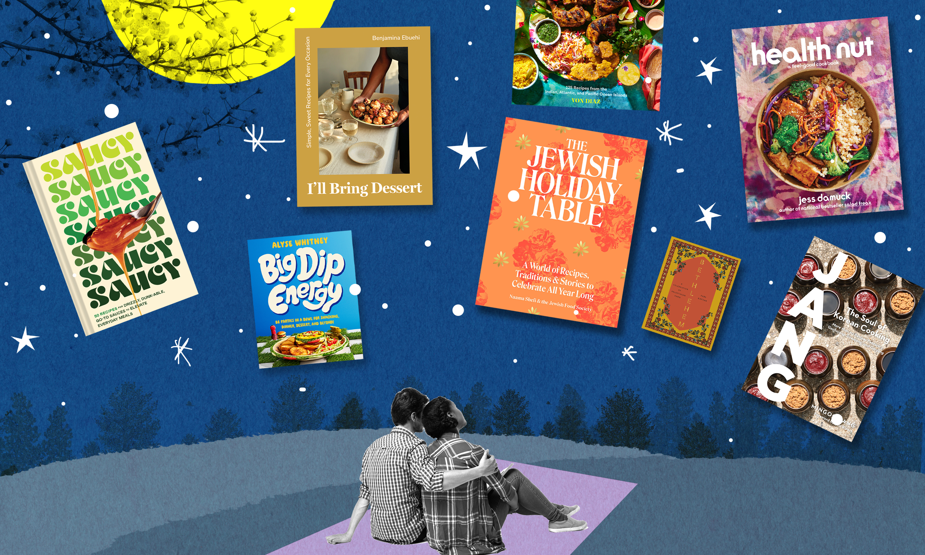 A couple sits on a picnic blanket beneath a night sky full of cookbook covers and stars. Collage illustration.