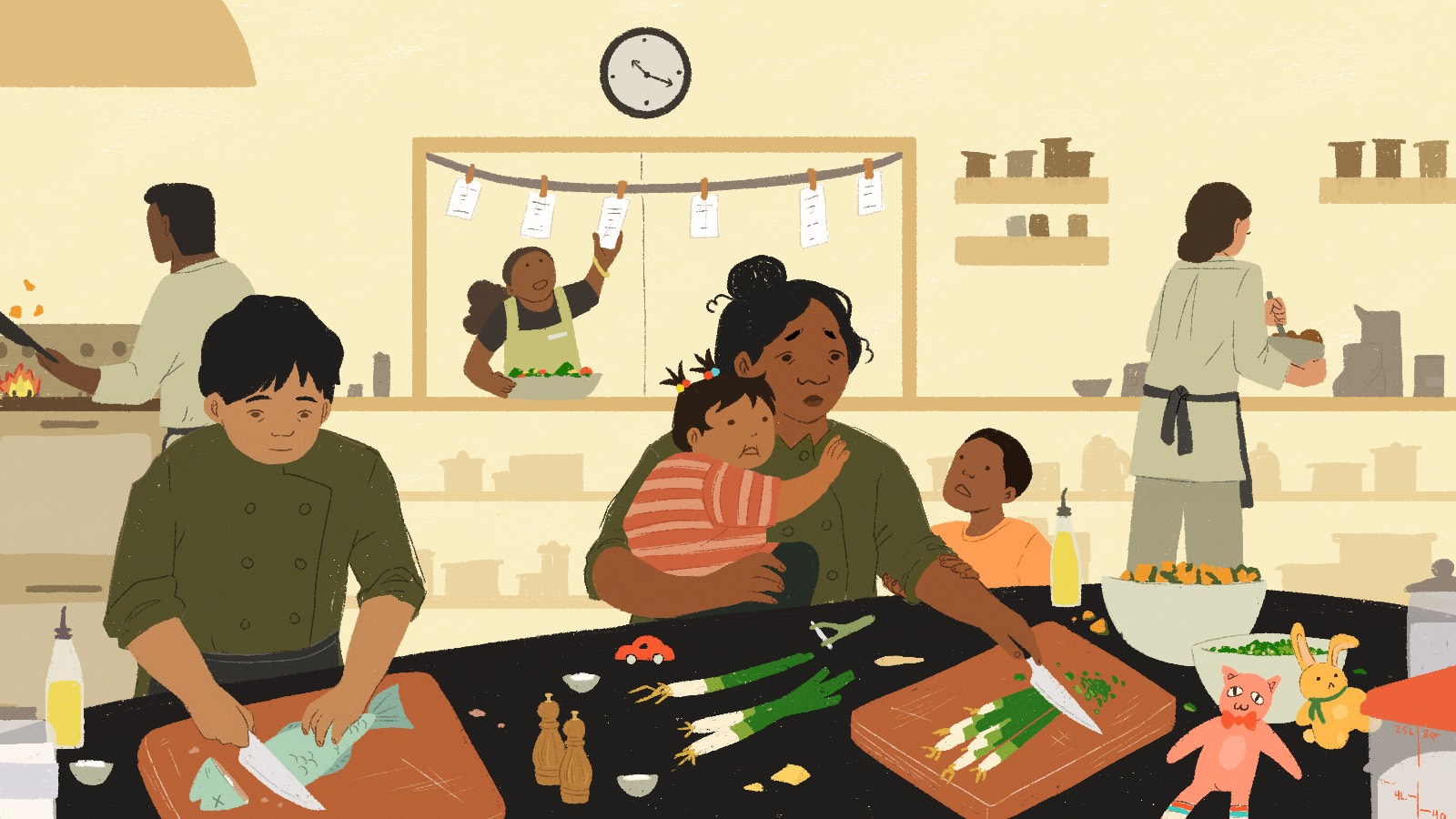 An illustration of a woman with two children chopping green onions in a busy restaurant kitchen 