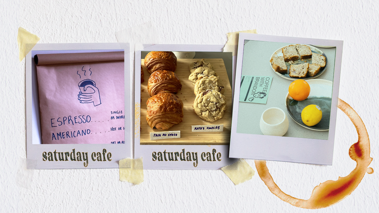 a photo collage showing three photos from coffee shop-themed home gatherings showing a menu written on butcher paper, an assortment of pastries, and a table with a mug and fruit