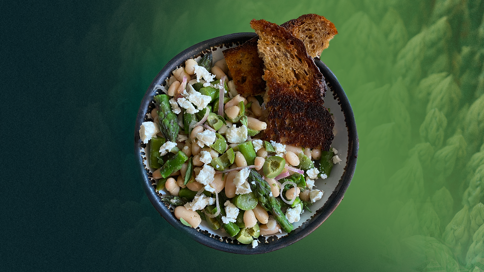 A bowl of asparagus-white bean salad, served with crusty toasted bread. 