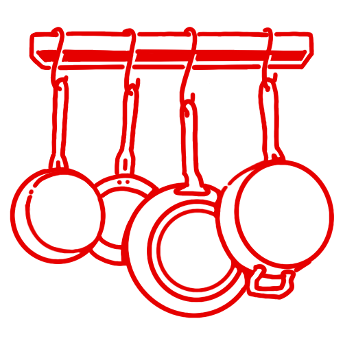 Illustration of saucepans hanging from a rack