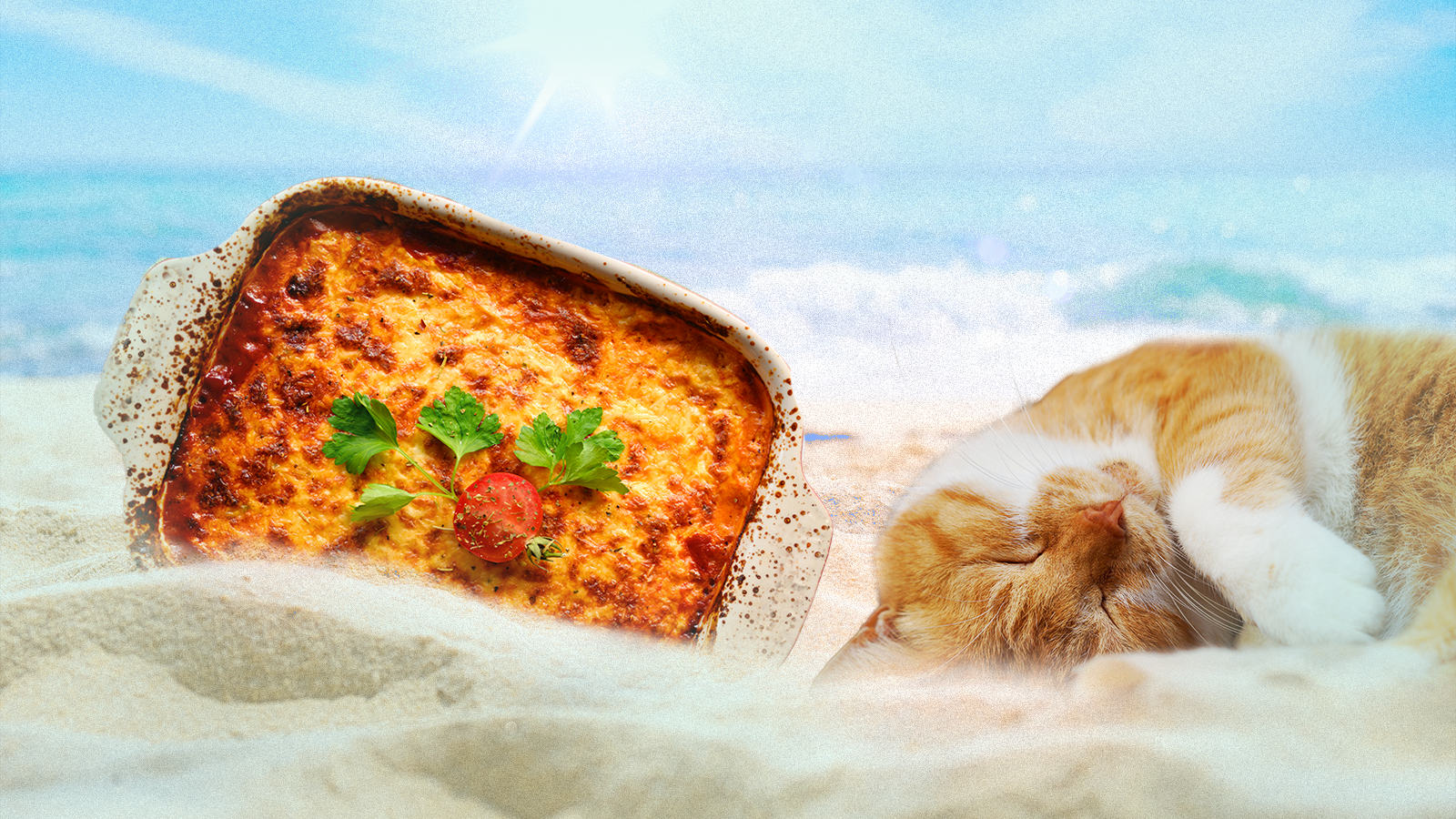 A collage of a cat lounging next to a lasagna