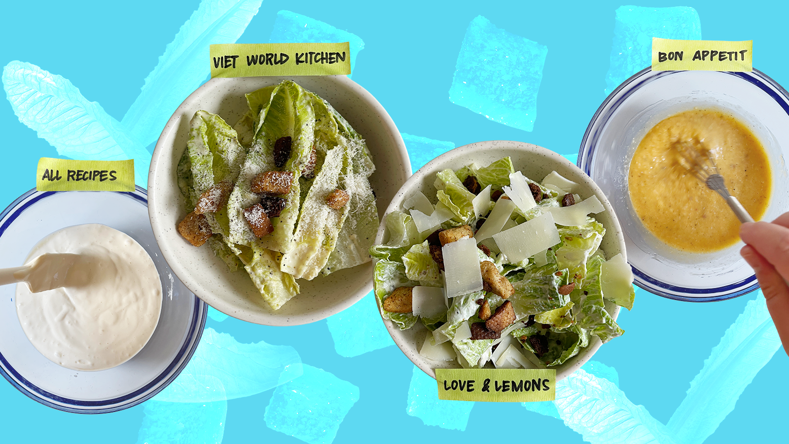 Two bowls of Caesar salad with two bowls of dressing, superimposed on a bright blue backdrop. Photo illustration.