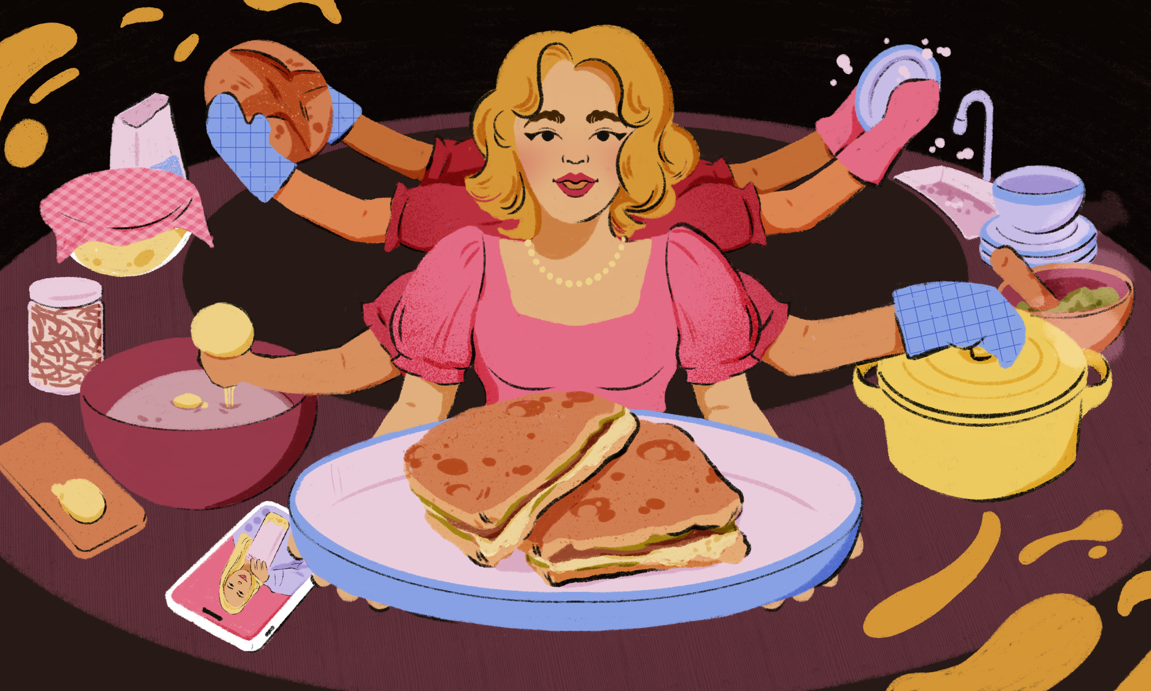 A woman wearing a dress and pearls uses her eight arms to clean, wash the dishes, bake, cook, and hold a plate with a grilled cheese sandwich. Illustration.
